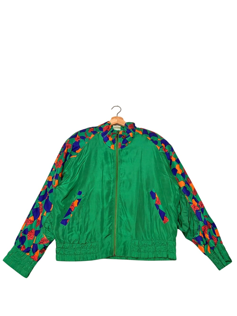 Vintage 80s Beyond Performance Jacket Womens Small Green Silk Print Windbreaker